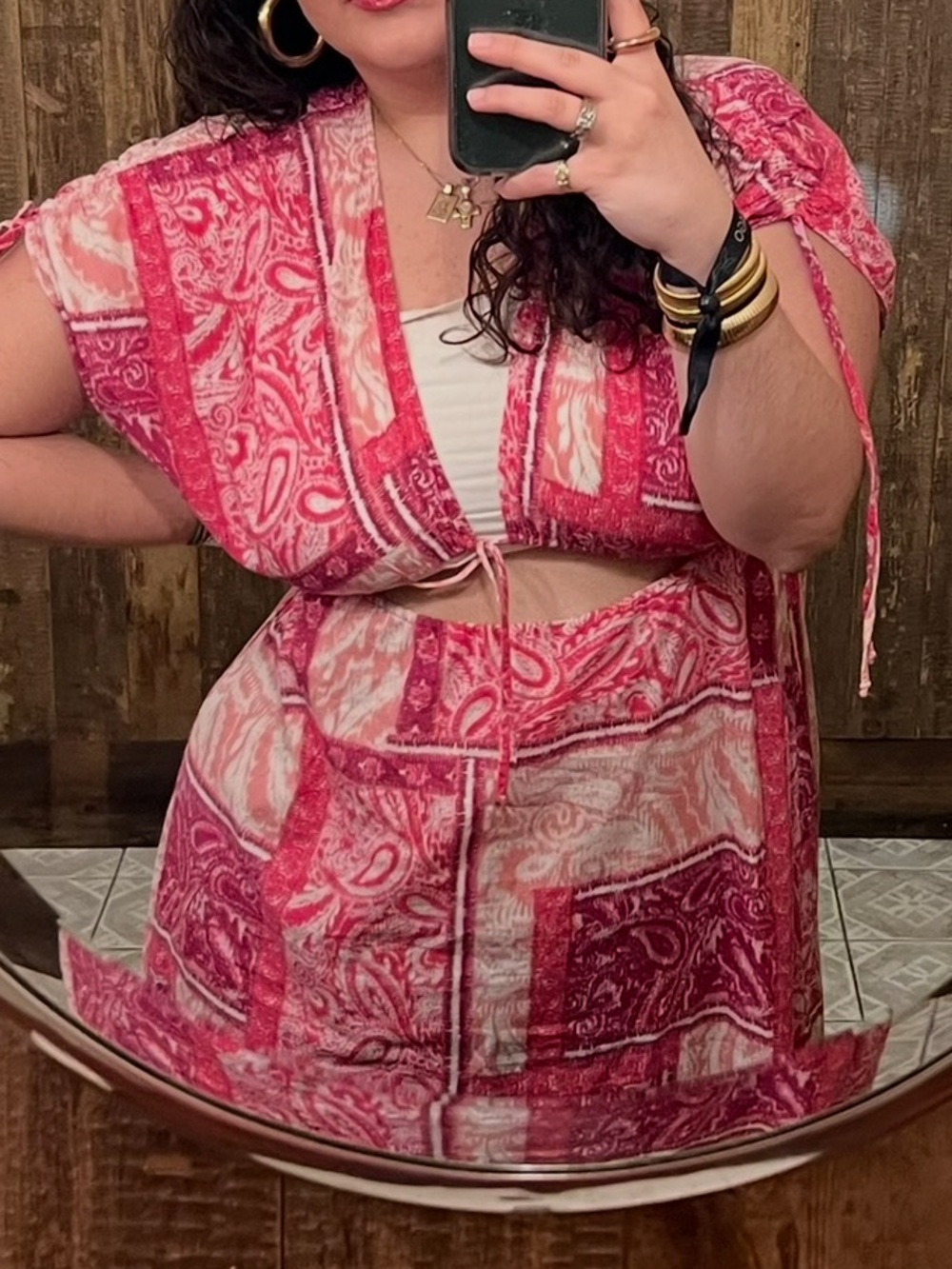 Pink Paisley Dress with cut out in the midsection, ties at the bust.